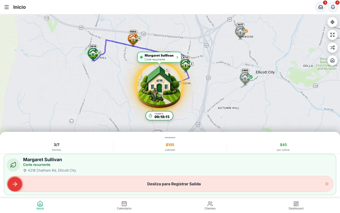 LawnTrail en la computadora: la ruta del día en el mapa, con el trabajo en curso de Margaret Sullivan, el cronómetro y el control para deslizar la salida