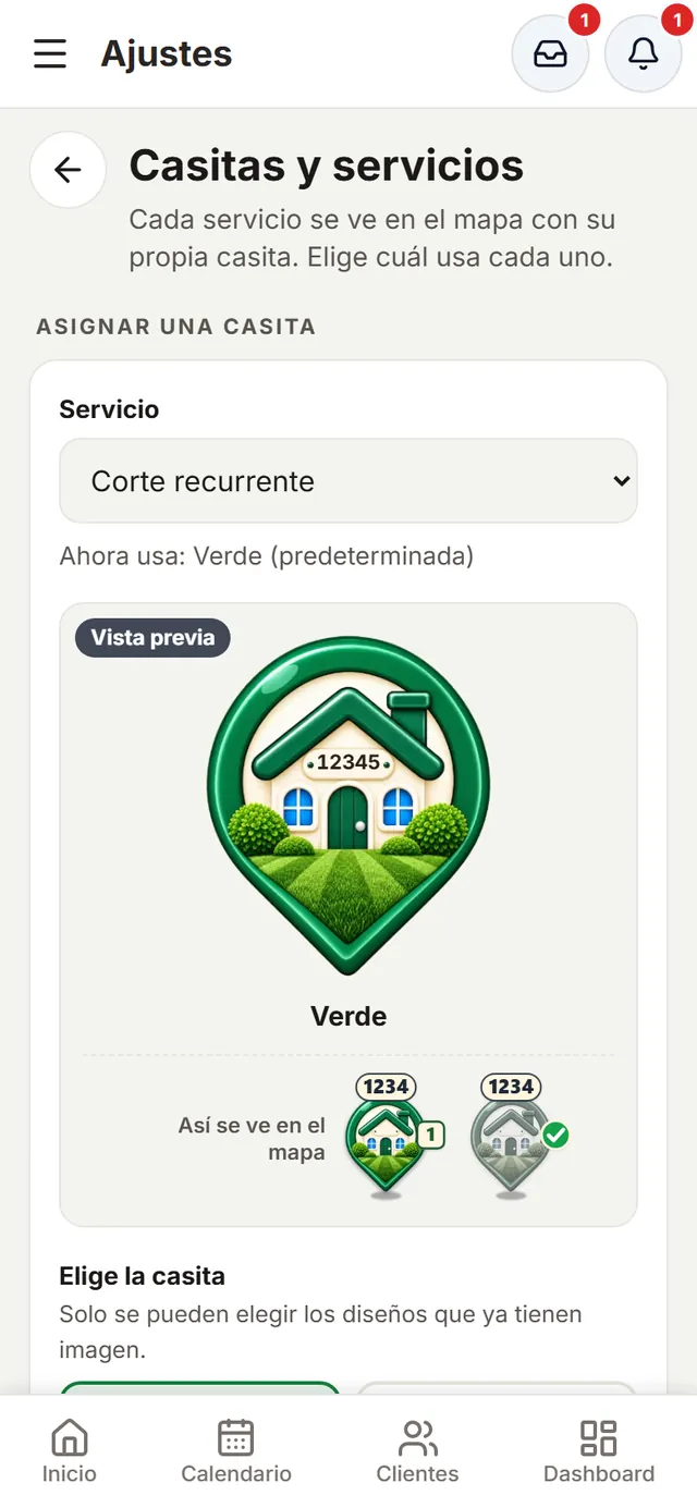Casitas y servicios: elegir un servicio y la casita que lo representa en el mapa, con la vista previa de cómo se ve pendiente y terminada