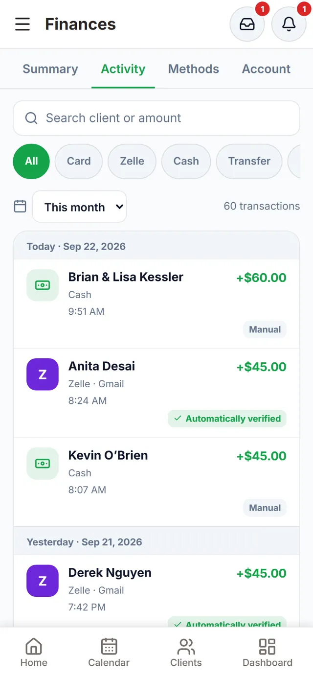 Finances, Activity tab: search, filters by method and period, and today’s and yesterday’s payments with client and method: detected Zelle ones tagged “Automatically verified” and hand-entered ones tagged “Manual”