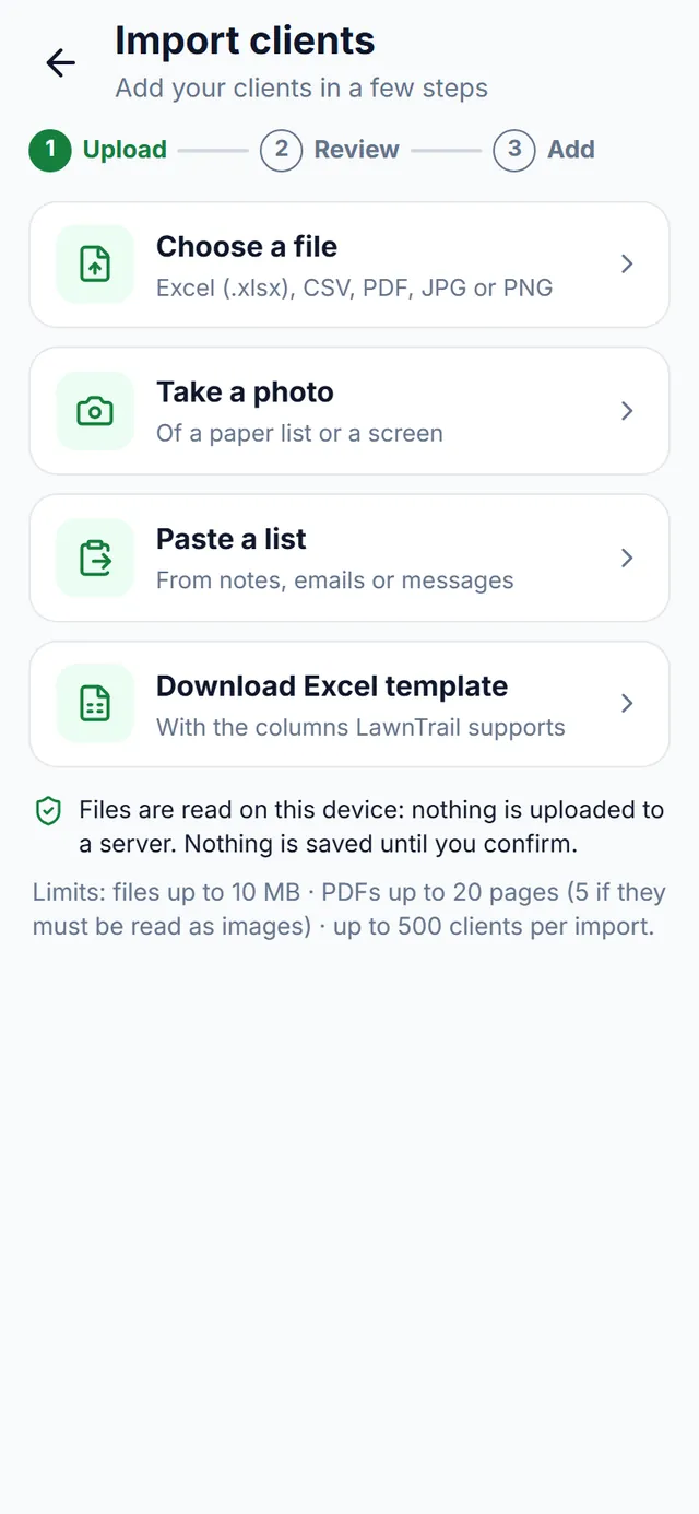 Import clients, step 1 “Upload”: choose a file (Excel, CSV, PDF, JPG or PNG), take a photo, paste a list and download the Excel template; notice that files are read on the device, and limits