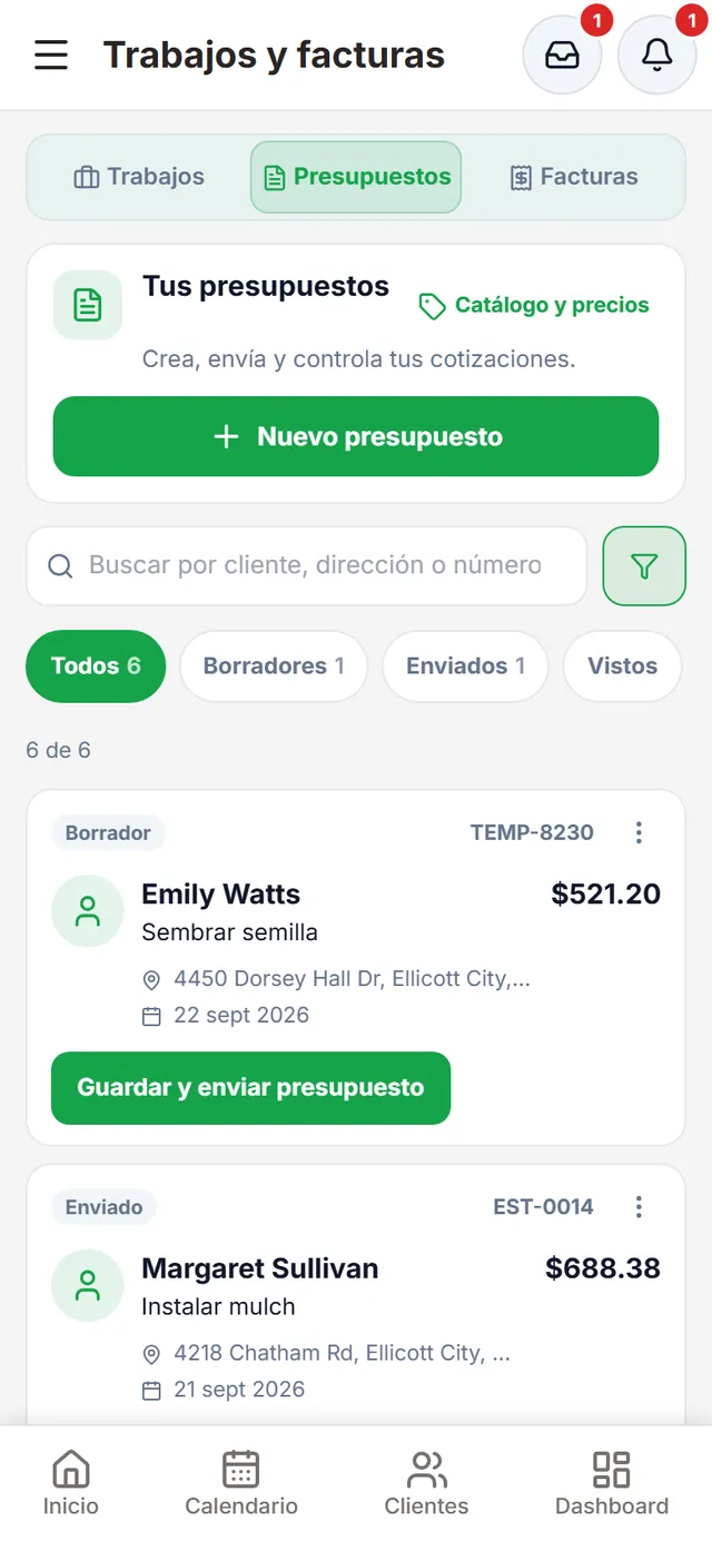 Trabajos y facturas, pestaña Presupuestos: filtros por estado y presupuestos en borrador y enviados, con su número y total