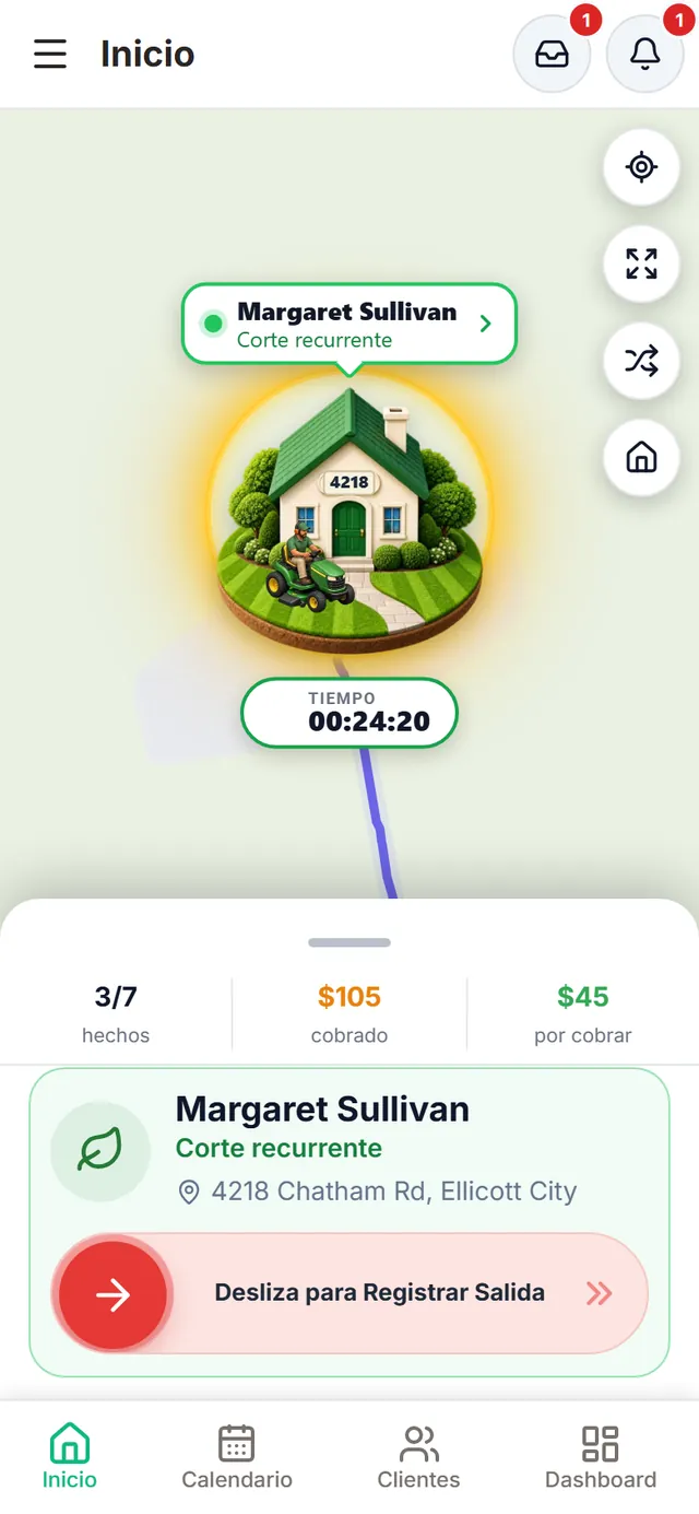 Trabajo en curso: la casa de Margaret Sullivan con el jardinero animado cortando el césped, el cronómetro pasando los 24 minutos y el control rojo «Desliza para Registrar Salida»