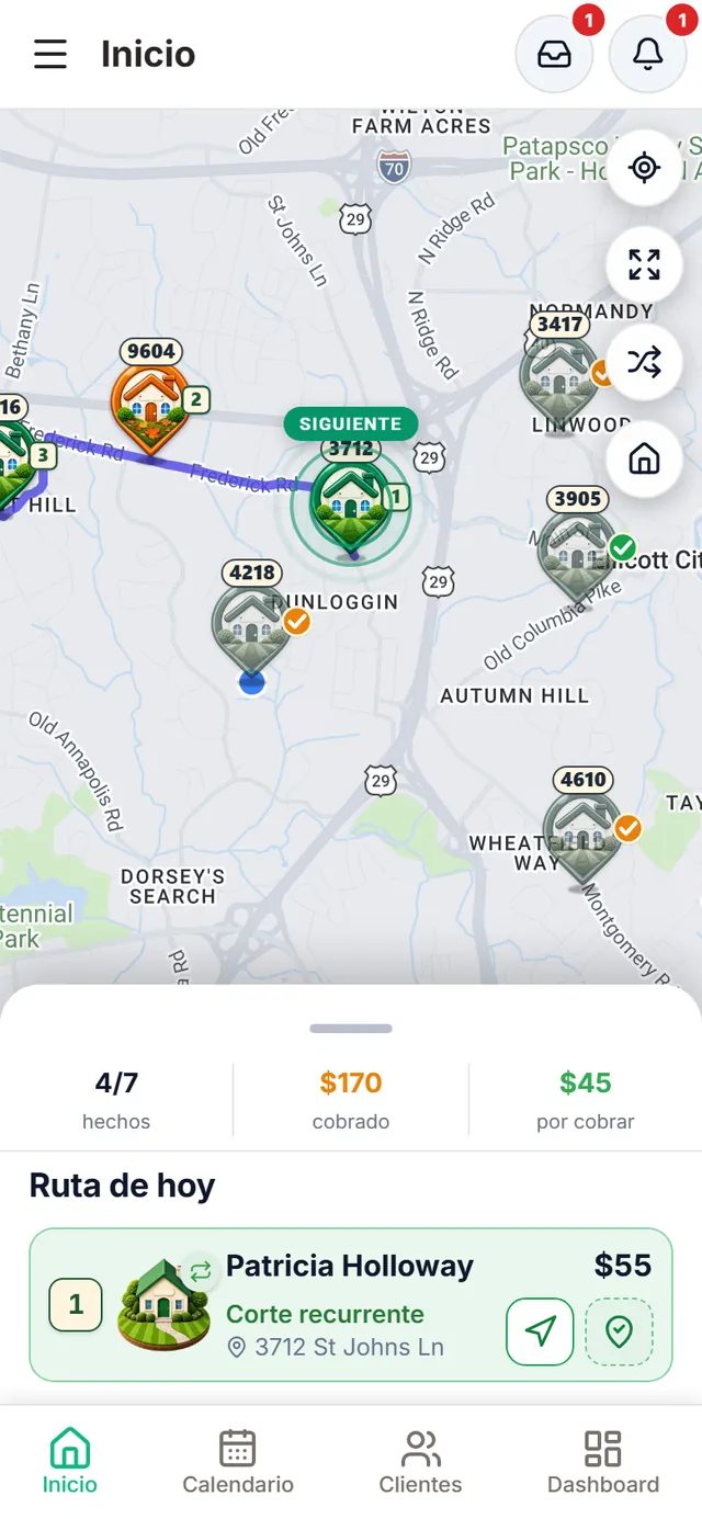 Después de terminar: la casita 4218 queda apagada con el check naranja de pagada, la siguiente parada se marca en el mapa y la barra pasa a 4 de 7 hechos y $170 cobrados
