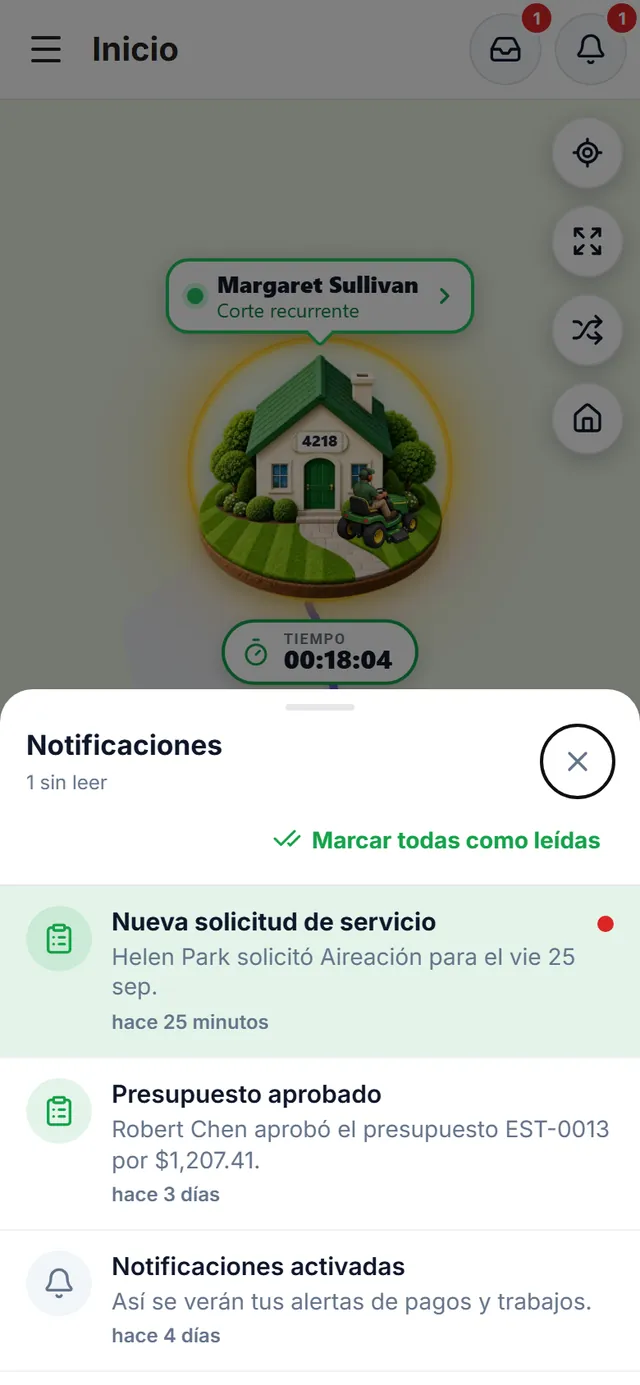 Notificaciones del dueño: una nueva solicitud de servicio sin leer, un presupuesto aprobado por el cliente y el aviso de notificaciones activadas