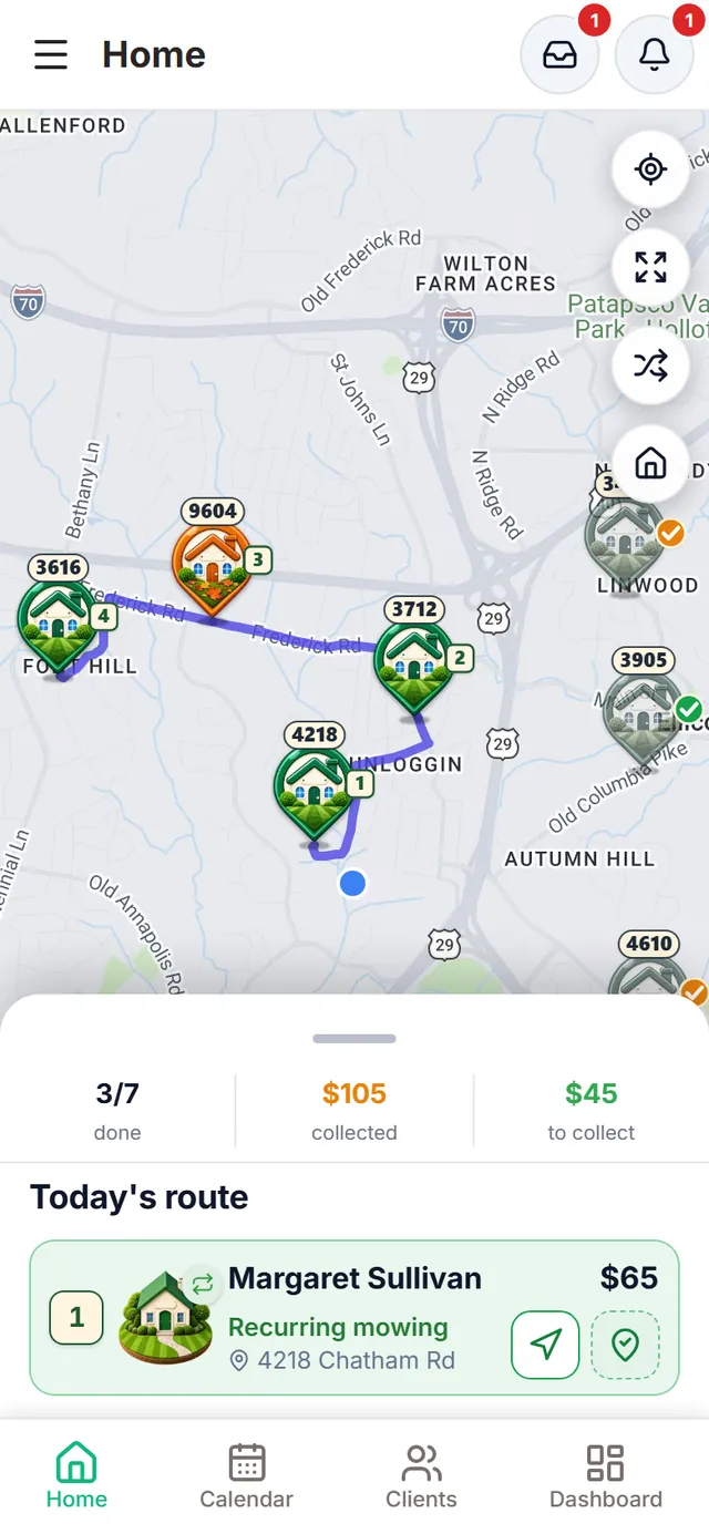 Home: the map with today’s route; pending houses with their stop number in a small square and finished houses dimmed with a green or orange check
