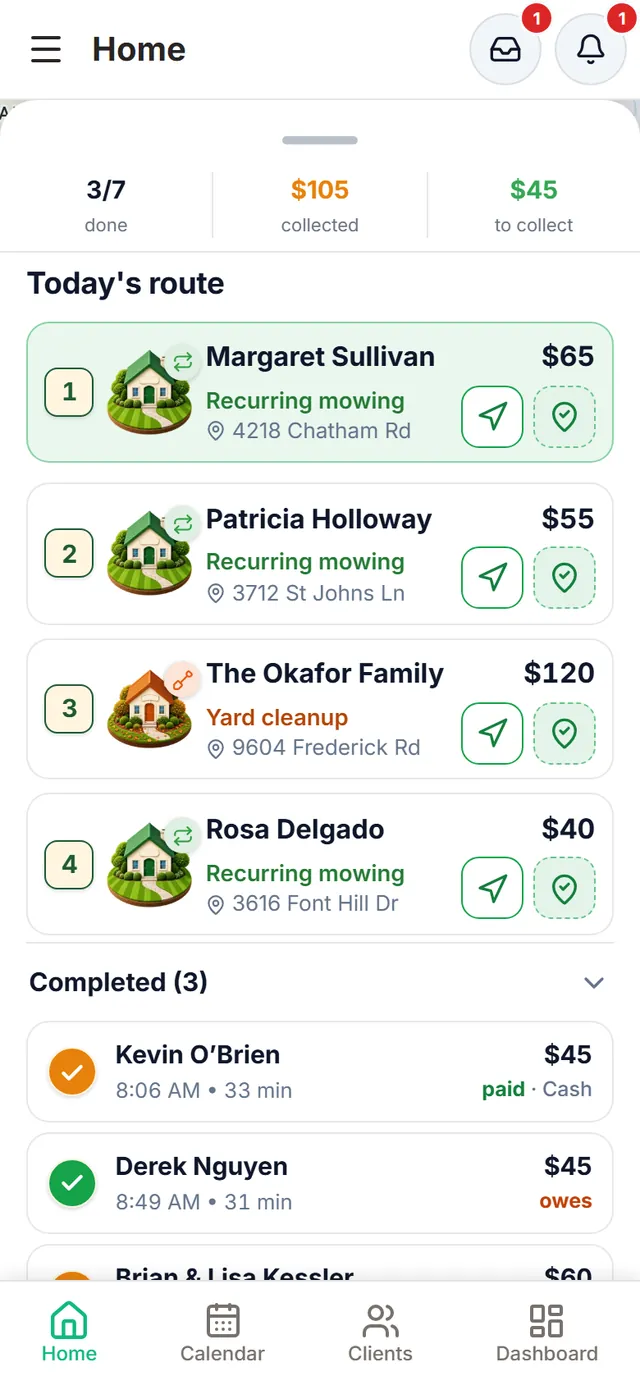 Today’s route: four numbered pending stops with service, address, amount and buttons to navigate and log arrival; below, the completed jobs with time, duration and whether they paid