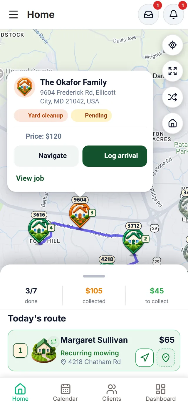 Tapping a house: The Okafor Family, a pending yard cleanup, price $120 and the “Navigate” and “Log arrival” buttons
