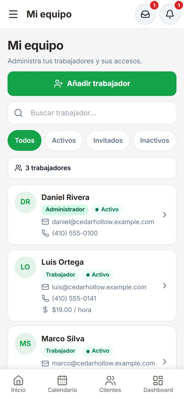 Mi equipo: Daniel Rivera (administrador) y los trabajadores Luis Ortega y Marco Silva, activos, con su contacto y tarifa