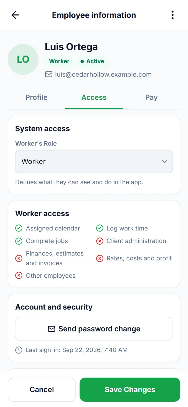 Employee information, Access tab: “Worker” role and what it includes — assigned calendar, log work time, complete jobs — and what it doesn’t