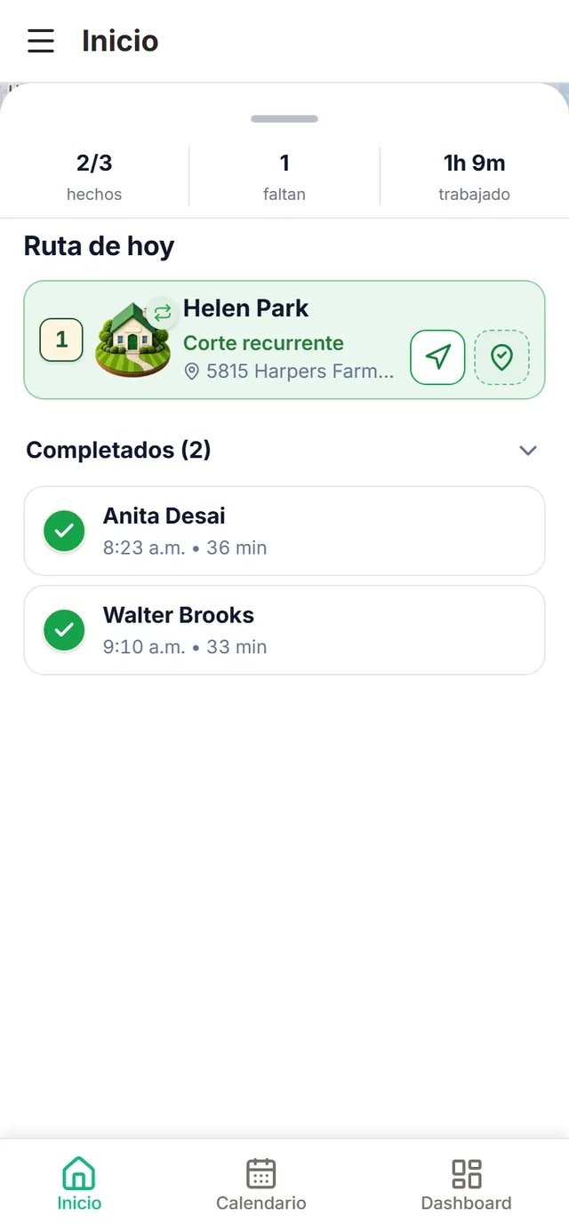 La ruta del día vista por el trabajador Luis Ortega: 2 de 3 hechos, 1 falta y 1 h 9 min trabajado, sin montos