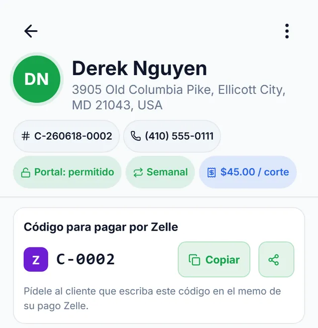 Ficha de Derek Nguyen con la tarjeta «Código para pagar por Zelle»: C-0002, con botones para copiar y compartir