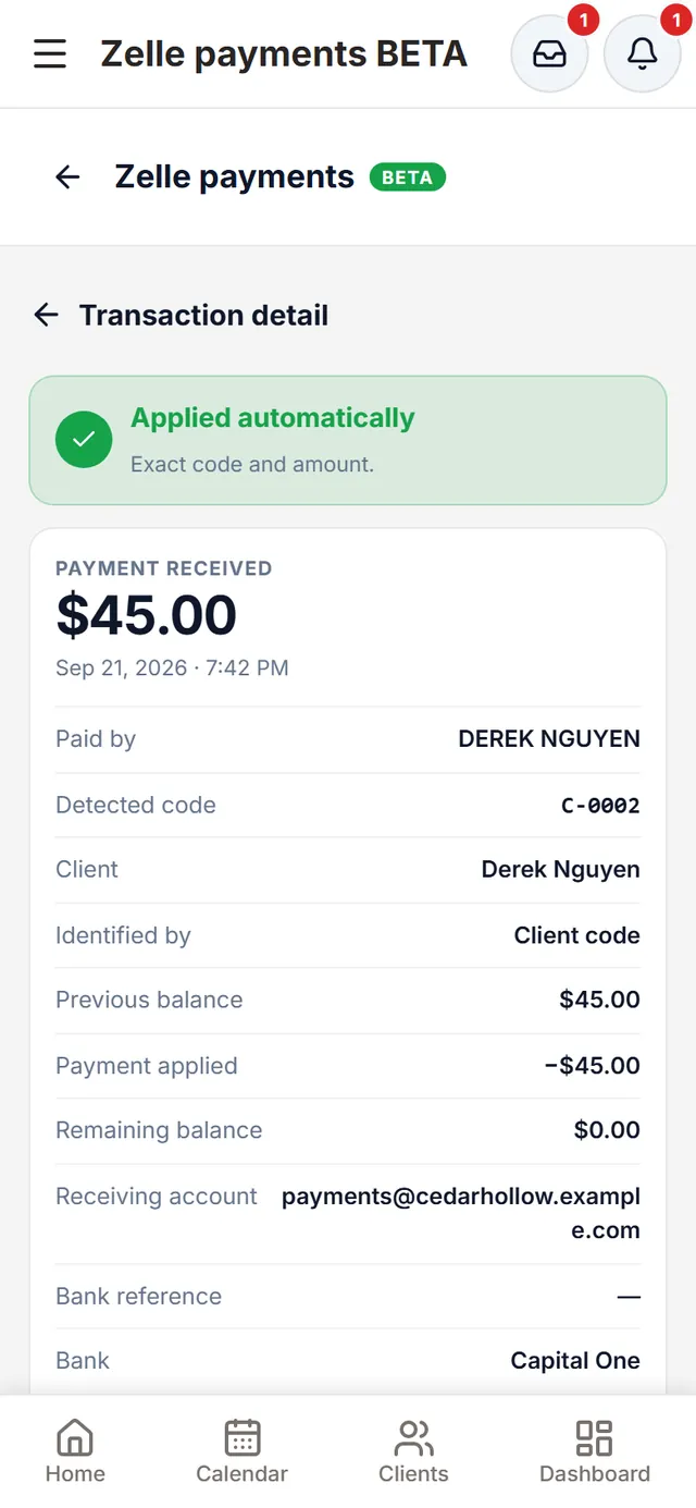 Detail of a payment applied automatically: $45.00 from Derek Nguyen, detected code C-0002, identified by the client code, previous balance $45.00, payment applied −$45.00 and remaining balance $0.00