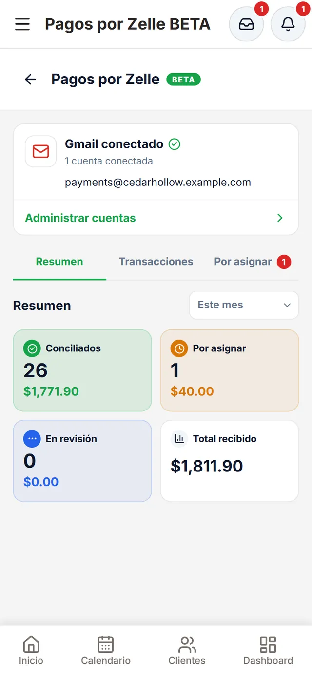 Pagos por Zelle (beta): Gmail conectado con una cuenta y el resumen del mes: 26 conciliados, 1 por asignar, 0 en revisión y el total recibido