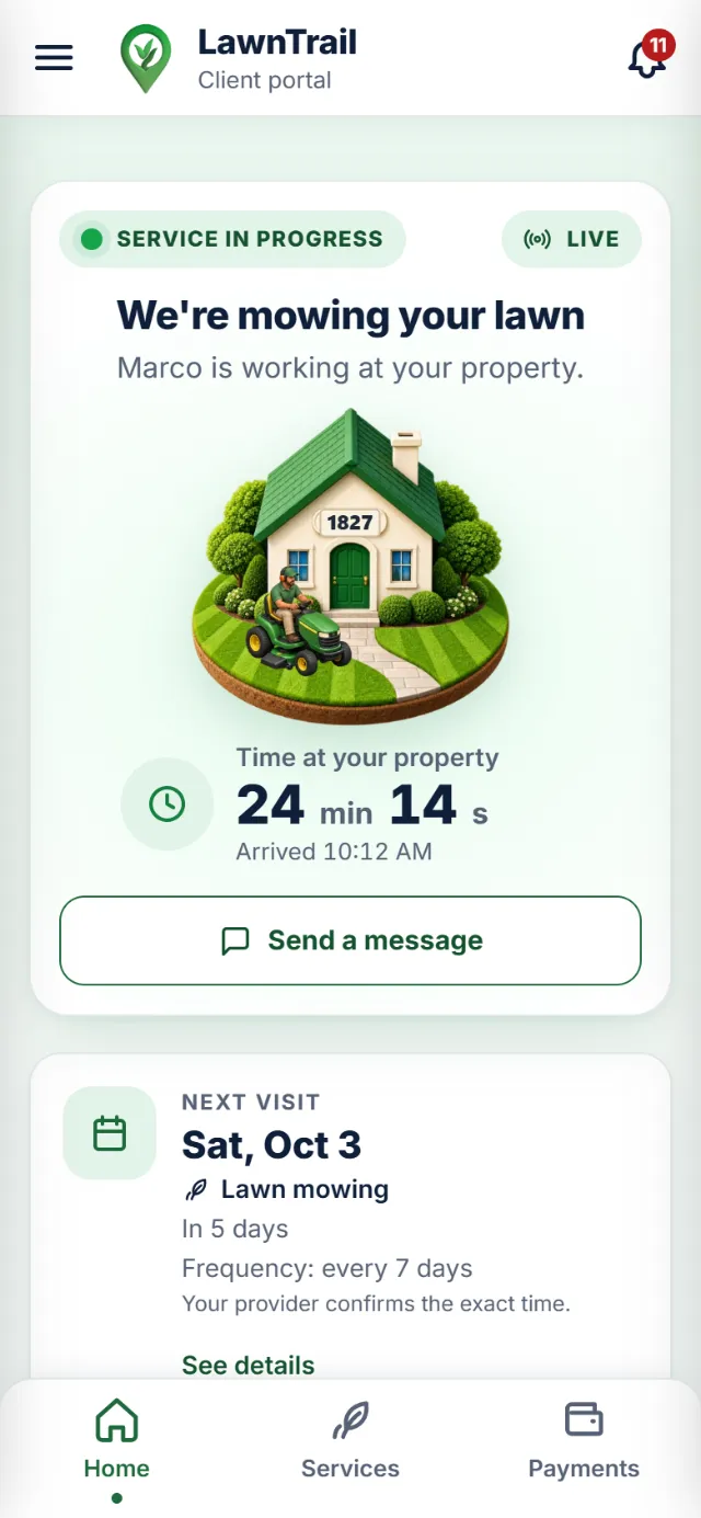 Client portal, Home: “Service in progress” card tagged “Live”, “We’re mowing your lawn” and “Marco is working at your property”, the house with the animated gardener on his mower, time at your property (24 min 14 s), arrival time and the “Send a message” button; below, the next visit